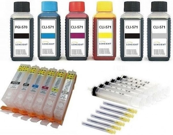 6 wiederbefüllbare QUICKFILL-FILL-IN Patronen wie Canon PGI-570 & CLI-571 + 600 ml SENSIENT Tinten