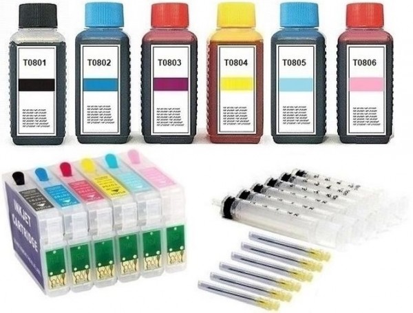 Wiederbefüllbare Tintenpatronen wie Epson T0801-T0806 + 600 ml Nachfülltinte