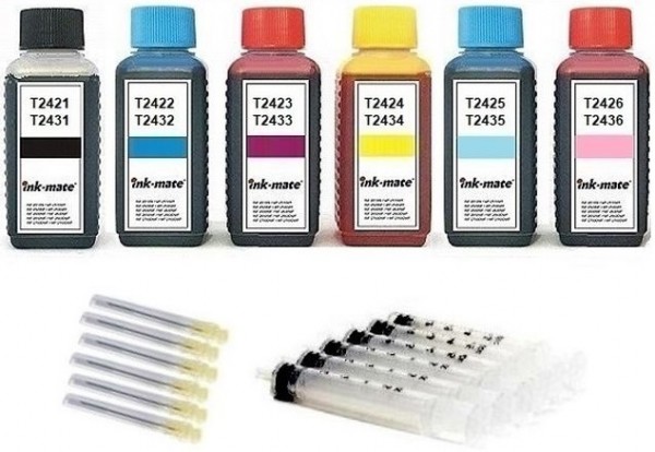 Nachfüllset für Epson Tintenpatronen T2421-T2426, T2431-T2436, T24 XL - 6 x 100 ml Tinte + Zubehör