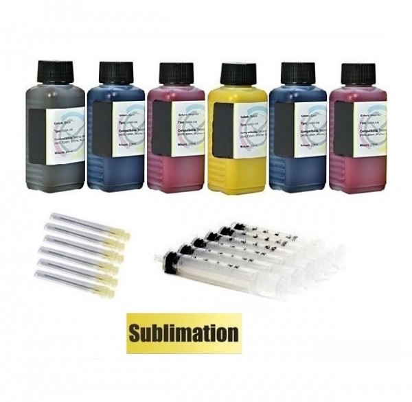 6 x 100 ml Dye Sublimationstinte black, cyan, magenta, yellow, light-cyan, light-magenta für Epson