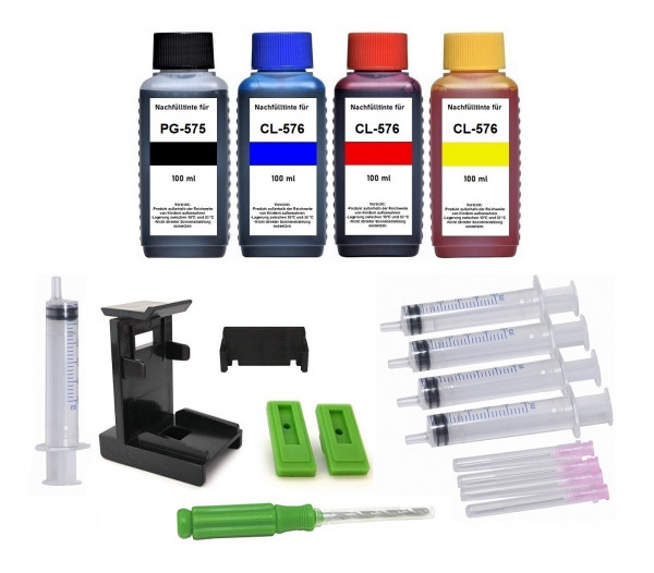 Nachfüllset für Canon PG-585 (XL) + CL-586 (XL) Druckerpatronen - 4 x 100 ml Druckertinte + Zubehör