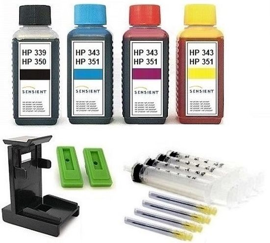 Nachfüllset für HP 350 black + 351 color (XL) Tintenpatronen - 4 x 100 ml Sensient Tinte + Zubehör