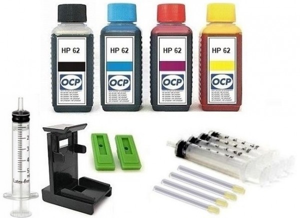 Nachfüllset für HP 62 (XL) black + color Tintenpatronen - 4 x 100 ml OCP Tinte + Zubehör