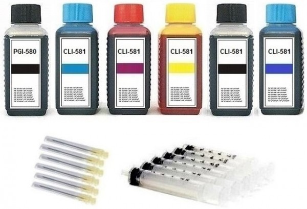 Nachfüllset für Canon Tintenpatronen PGI-580 + CLI-581 - 6 x 100 ml Nachfülltinte + Zubehör