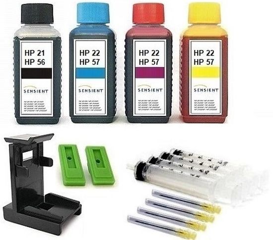 Nachfüllset für HP 21, 22, 27, 28, 56, 57 Tintenpatronen - 4 x 100 ml Sensient Tinte + Zubehör