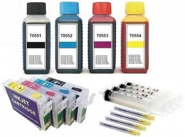 Wiederbefüllbare Tintenpatronen wie Epson T0551-T0554 + 400 ml Nachfülltinte