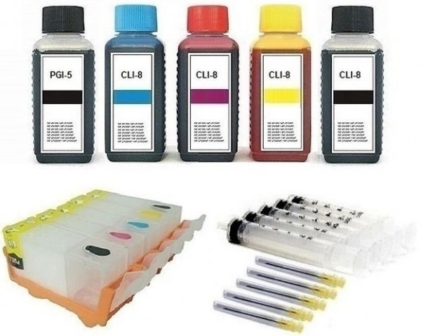 5 wiederbefüllbare Tintenpatronen wie Canon PGI-5 & CLI-8 + 500 ml Nachfülltinte