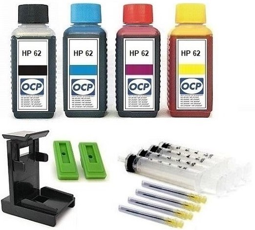 Nachfüllset für HP 62 (XL) black + color Tintenpatronen - 4 x 100 ml OCP Tinte + Zubehör