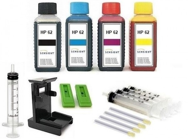 Nachfüllset für HP 62 (XL) black + color Tintenpatronen - 4 x 100 ml Sensient Tinte + Zubehör