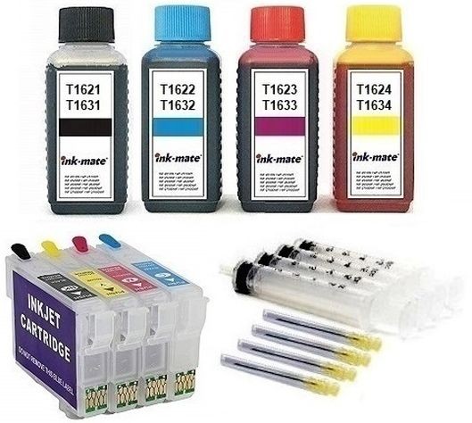Wiederbefüllbare QUICKFILL-FILL-IN Patronen wie Epson T1631-T1634, T16 XL + 400 ml INK-MATE Tinten