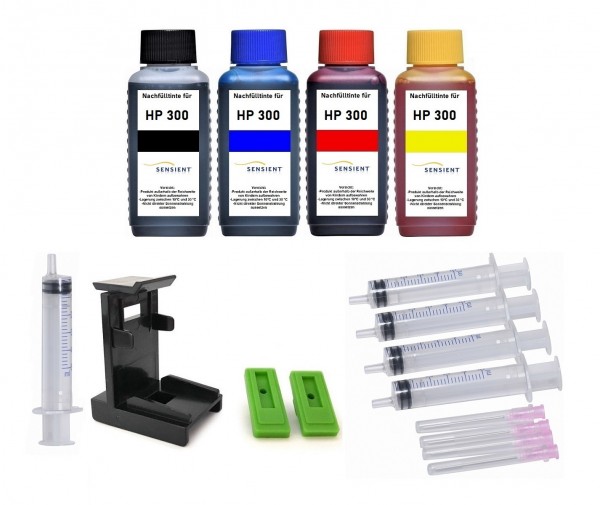 Nachfüllset für HP 300 (XL) black + color Tintenpatronen - 4 x 100 ml Sensient Tinte + Zubehör