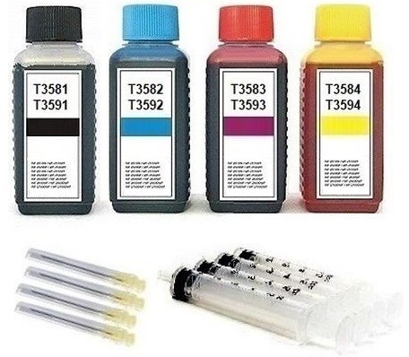 Nachfüllset für Epson Tintenpatronen T3581-T3584, T3591-T3594, T35 XL - 4 x 100 ml Tinte + Zubehör