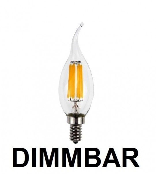 Dimmbare 6 Watt Filament LED Lampe, Kerze Windstoß, E14, Lichtfarbe warmweiß 2700 K, Klarglas