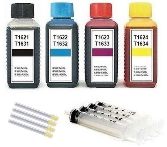 Nachfüllset für Epson Tintenpatronen T1621-T1624, T1631-T1634, T16 XL - 4 x 100 ml Tinte + Zubehör