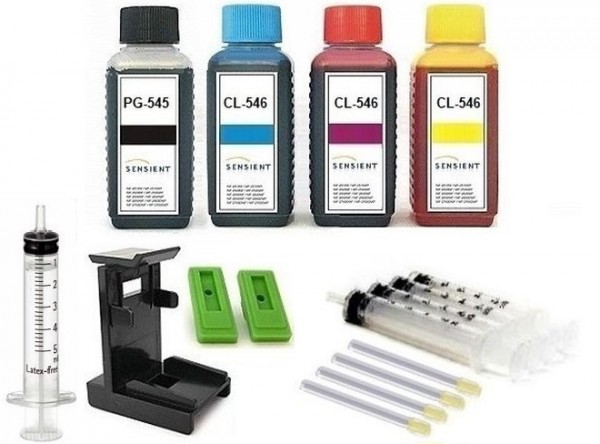Nachfüllset für Canon Tintenpatronen PG-545 (XL) + CL-546 (XL) - 4 x 100 ml Sensient Tinte + Zubehör